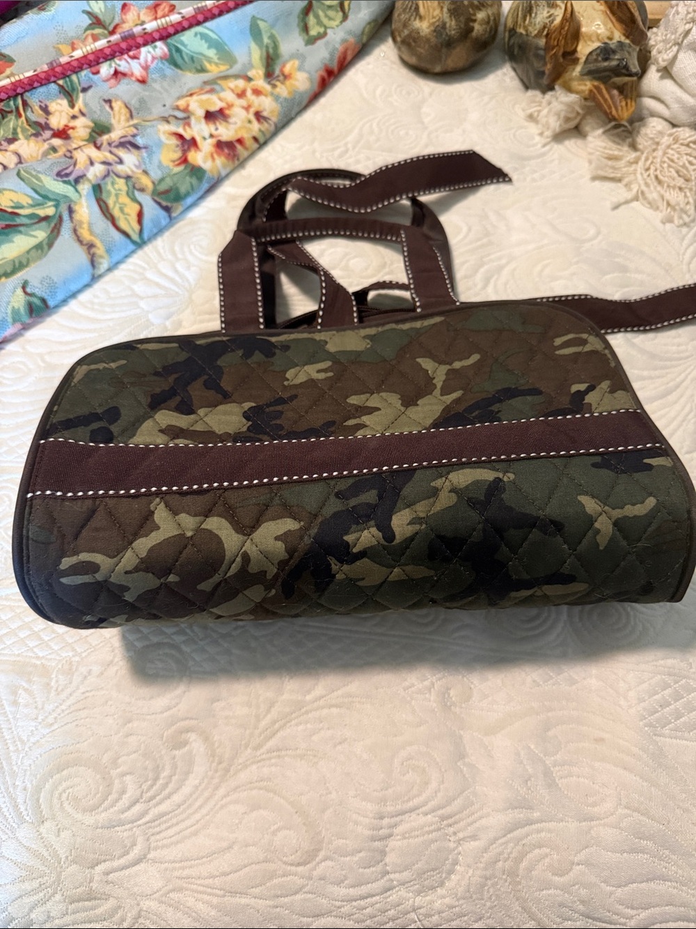 Quilted Camouflage Messenger Bag with Brown Trim